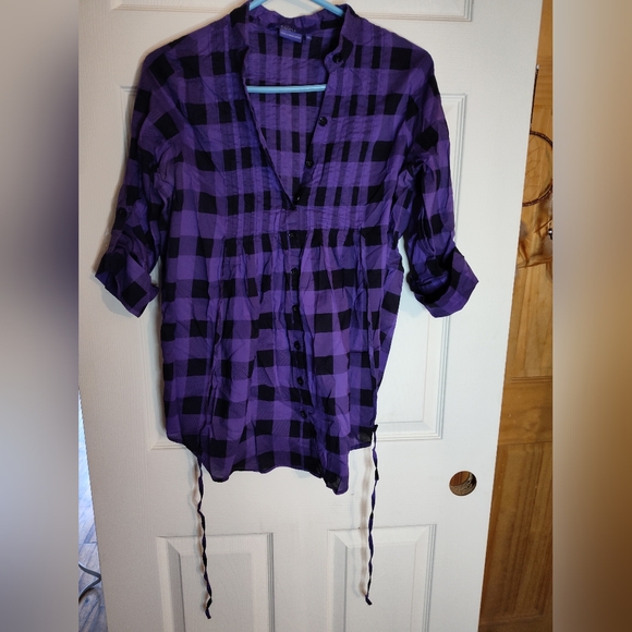 Miley Cyrus purple checkered plaid women's tunic top - Picture 8 of 13